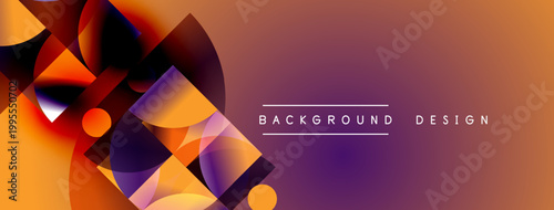 Abstract geometric shapes blend vibrant orange, purple hues. Gradient background creates dynamic visual effect. Modern design element.