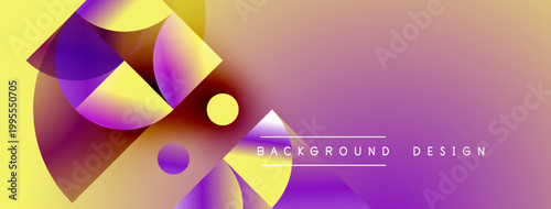 Abstract geometric shapes blend vibrant colors. Gradient background transitions from yellow to purple. Modern design elements create dynamic visual impact.