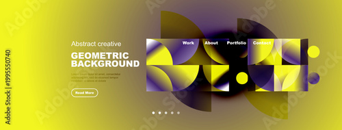 Bright website header design. Geometric shapes, yellow gradient, text elements present. Modern, creative visual style.