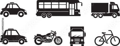 Simple Geometric Vehicle Set Bold Outline Flat Vector Illustration