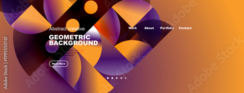 Abstract geometric background design. Orange, purple hues dominate composition. Text elements present, navigation visible. Modern aesthetic.