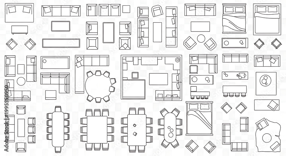 Obraz premium Interior design layout elements furniture and decor top down view transparent background.