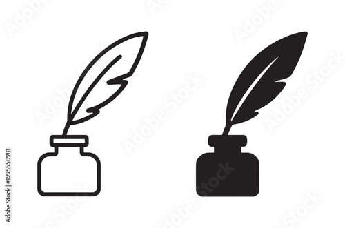 Two black and white illustrations of quill pens and inkwells