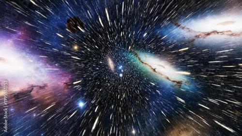 Motion blur of stars and light trails in deep space featuring distant spiral galaxies, vibrant nebulae, and a dark cratered asteroid floating in the center of the starfield.