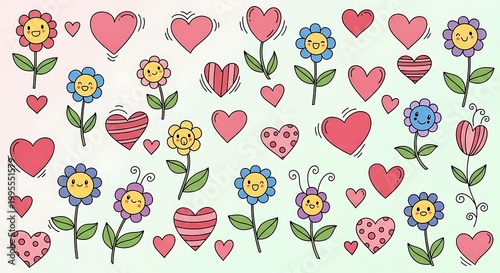 Smiling flowers and colorful hearts are scattered across the pastel background.