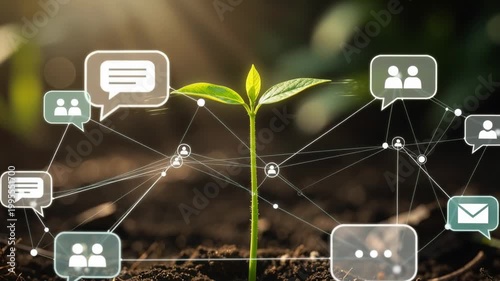 Young green plant sprouting in soil with digital social network communication icons overlay