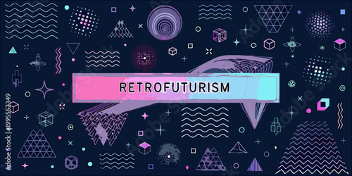 A retrofuturism themed background with abstract shapes and glowing elements
