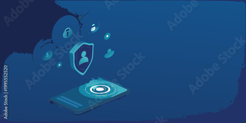 Digital security concept with smartphone shield and padlock icons