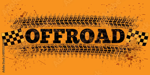 Offroad graphic with tire tracks checkered flags and distressed texture