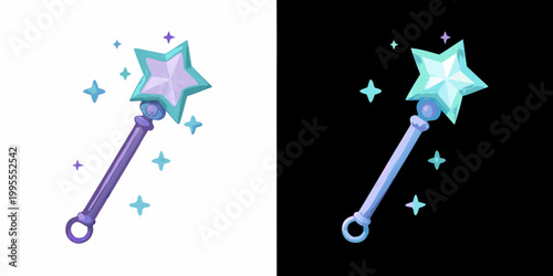 A magical star wand presented in both light and dark backgrounds