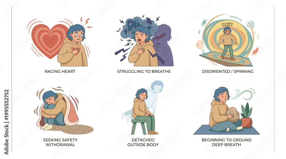 Fototapeta premium Illustrations Depicting Mental Health Wellness Through Anxiety Support, Stress Coping, Therapy Recovery, and Healing