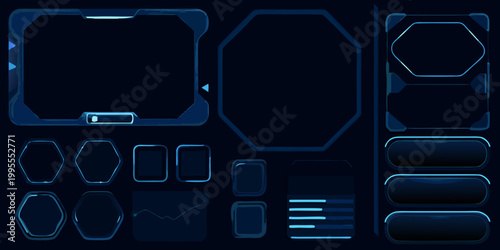 Futuristic user interface elements in a dark blue tech inspired design