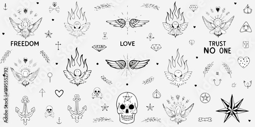 Collection of hand drawn tattoo flash designs featuring birds skulls and symbols