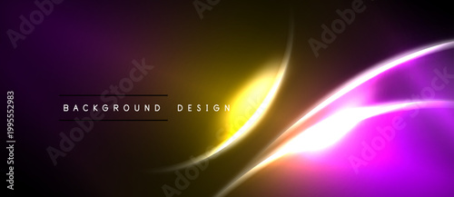 Abstract vibrant design features glowing curves, gradients. Purple, gold hues dominate dark background. Modern aesthetic.