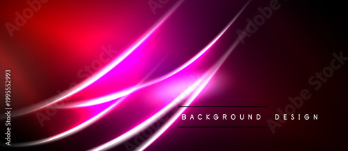 Abstract neon lines create vibrant, flowing shapes. Dark background emphasizes bright pink, red hues. Modern design element.