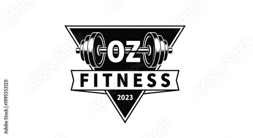The vector graphic illustration presents a bold, monochromatic logo design for "OZ FITNESS 2023", featuring a stylized dumbbell integrated with the text "OZ" within a strong triangular emblem, perfect