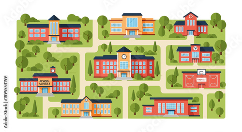 Educational institutions and buildings on a map, a vibrant illustration of a campus or neighborhood with schools and administrative structures