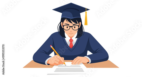 A focused female student in a graduation cap and gown diligently writing on a paper during an exam or a test, symbolizing academic achievement and learning