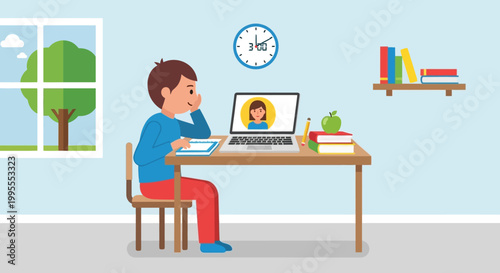 Young boy attending online class on a laptop at his desk, demonstrating remote learning and digital education for children at home