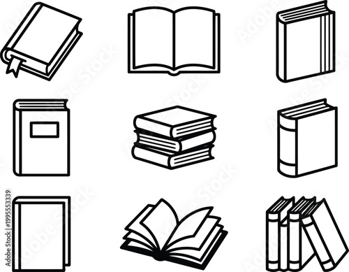 Collection of various book icons for educational and literary library design.