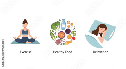 Three circular vector illustration icons depicting essential daily habits for maintaining a balanced lifestyle including a woman practicing yoga for physical exercise fresh organic nutrition represent