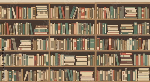Seamlessly organized bookshelf illustration filled with a variety of hardcover and paperback books in shades of brown, green, and red, creating a rich and inviting library atmosphere