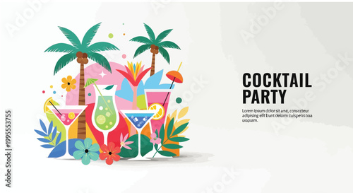 Vibrant summer cocktail party vector graphic illustration featuring refreshing tropical mixed drinks served in elegant glasses with citrus fruit garnishes and tiny umbrellas surrounded by stylized pal