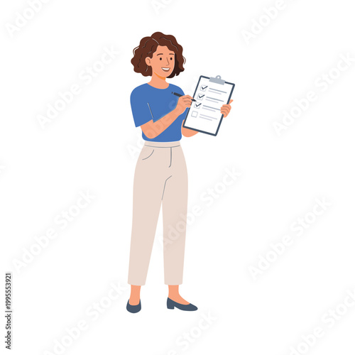 Woman standing indoors holding clipboard and pen smiling