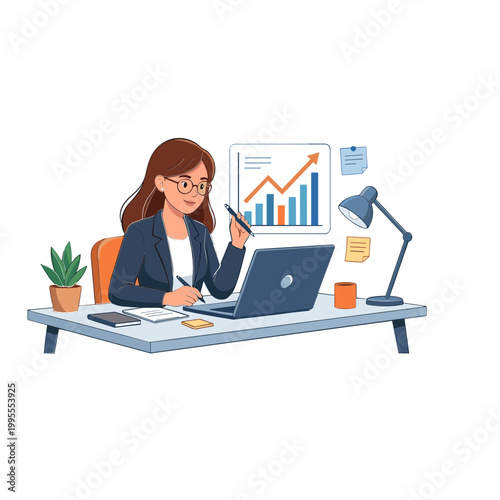 A woman analyzes a business graph on her laptop at a desk.