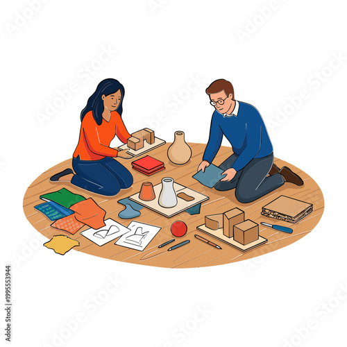 People are working on pottery and crafts on a table indoors