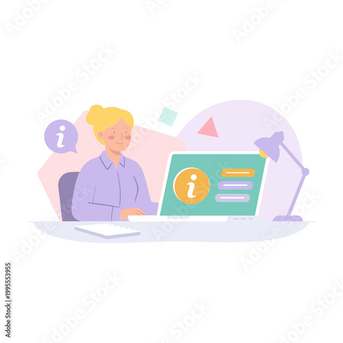 A woman sits at a desk working on a laptop with information symbols nearby indoors.