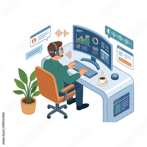 Man working on computer with graphs on screen at office desk