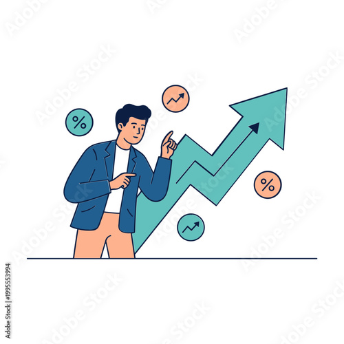 A man in a blue jacket points at a growing graph with financial symbols around him.