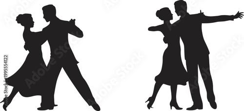 Black silhouettes of couples dancing ballroom dance
