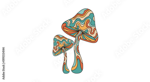 Hand drawn psychedelic mushrooms with retro wavy patterns of orange and teal colors on a clean white background.