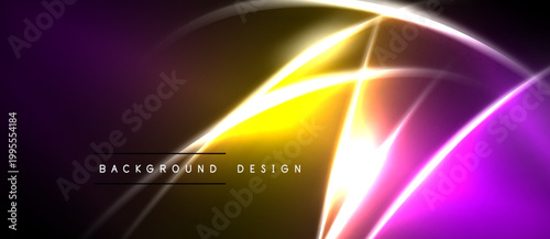 Abstract neon lights create dynamic curves, gradients. Dark background emphasizes vibrant yellow, purple hues. Modern design element.