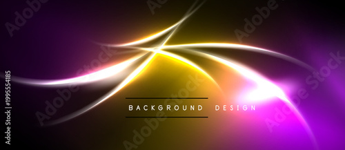 Abstract vibrant background. Flowing lines create dynamic light effect. Purple, yellow, white hues dominate composition. Modern design element.