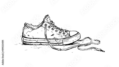 hand-drawn black and white sketch of a worn sneaker with untied laces, scuffed toe and relaxed casual vibe, black and white illustration of a badly used sneaker