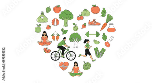A heart-shaped graphic illustration compilation featuring healthy lifestyle elements such as fruits vegetables people exercising yoga and fitness equipment symbolizing overall well-being and active li