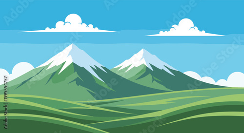 Peaceful mountain landscape with green fields and snow capped peaks under a clear blue sky with white clouds.