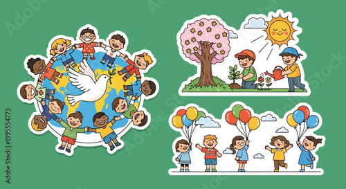 Diverse Children Celebrating Peace, Planting Trees, and Holding Balloons.