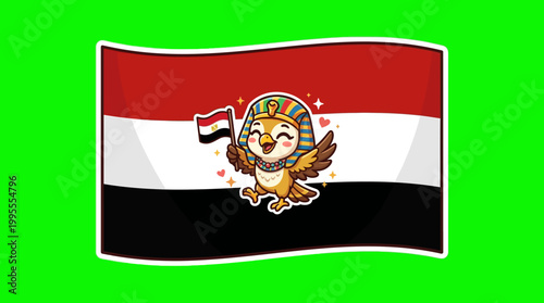 Egyptian Bird Mascot Holding Flag, Celebrating National Pride.