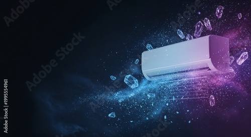 Air conditioner releasing cool air in abstract neon background  