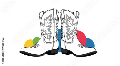 Pair of white cowboy boots with black heels and intricate embroidery lines against colorful geometric circles.