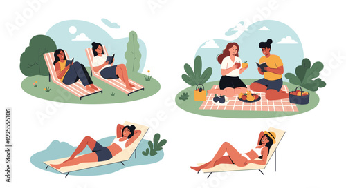 Groups of people enjoying leisure activities in a park including sunbathing, reading, and having a group picnic.