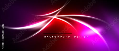 Abstract neon lines create vibrant energy. Purple, pink, red hues blend into dark background. Modern design element.