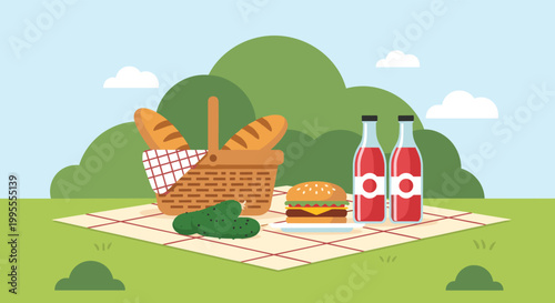 Picnic arrangement with a basket of bread, a burger, fresh cucumbers, and juice bottles on a checkered blanket.