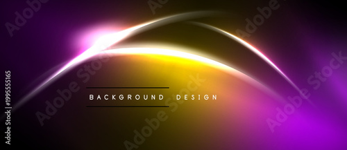 Abstract neon light design. Vibrant purple, yellow gradients create flowing curves. Dark background emphasizes luminosity, modern aesthetic.