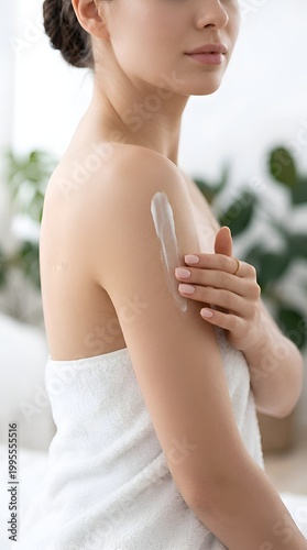 Young Woman Applying Hydrating Body Lotion to Her Arm for Smooth, Healthy Skin After Shower