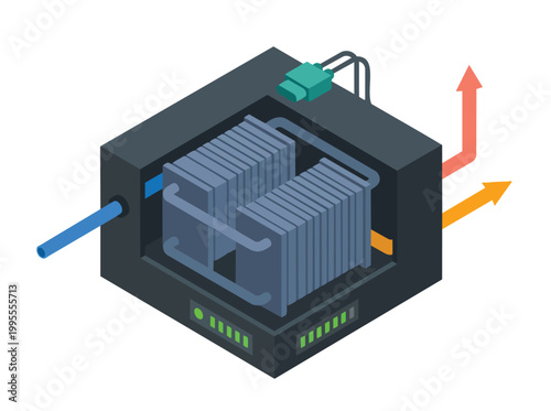 Isometric view of a renewable energy farm with a large heat exchanger system